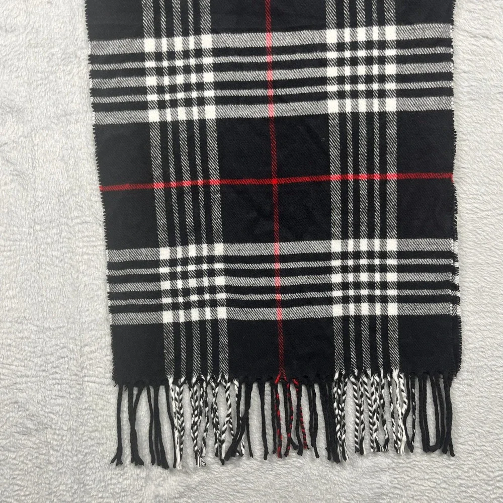 Cashmere Blend Italian Design Plaid Scarf Black Red White Fringe Winter Wrap